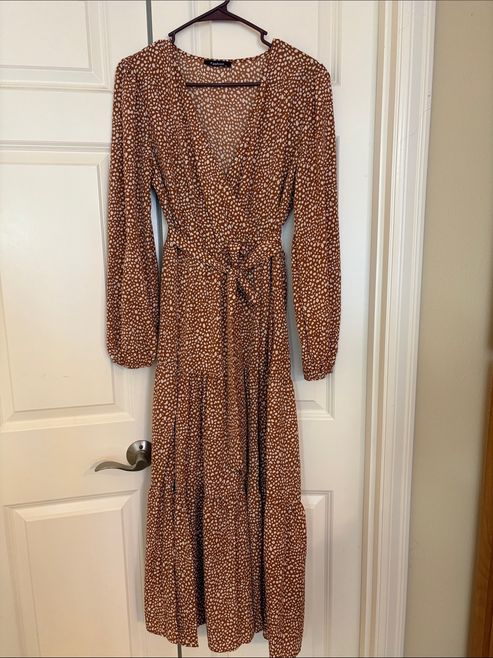Brown Dot Wrap Maxi Dress with Tie Waist